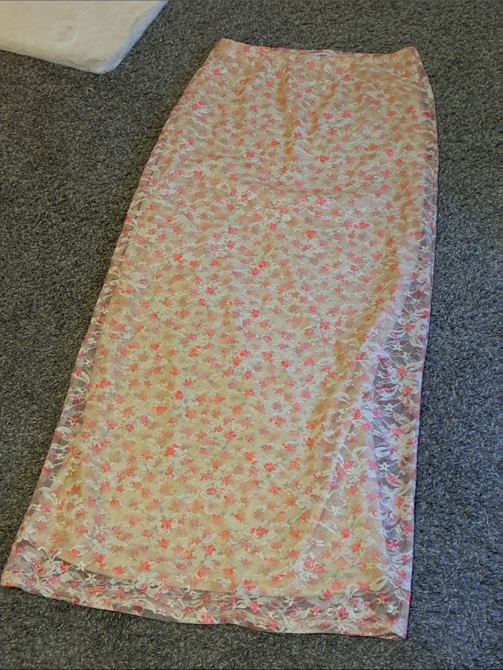 love, Fire Pink Floral Lace Maxi Skirt on Cream Base